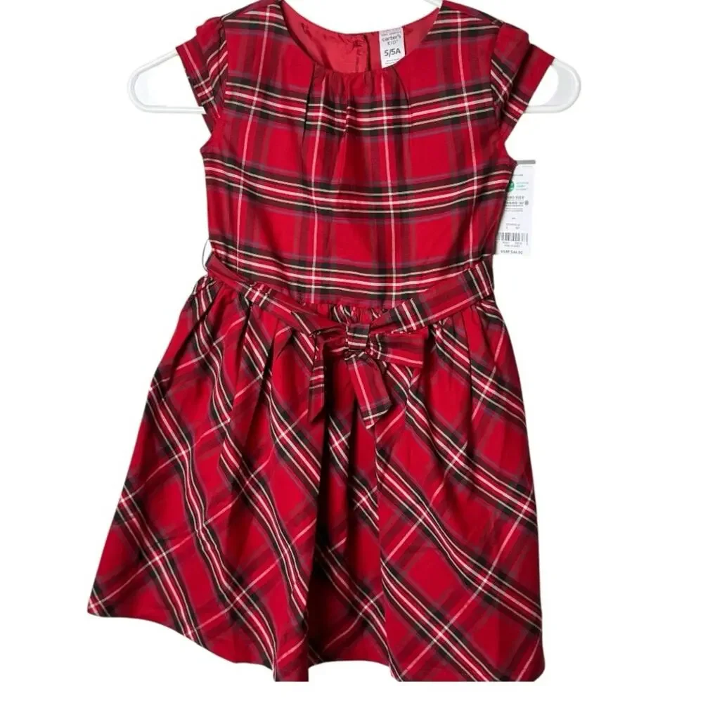 Carter's Girl's Holiday Print Short Sleeve Tie Belt Button Back Dress Sz 5  5 A